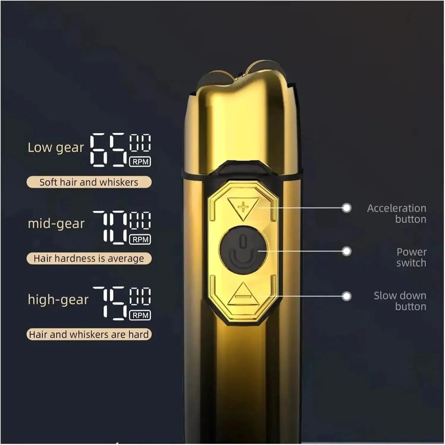 Kemei TX10 gold electric shaver with digital RPM display and acceleration button