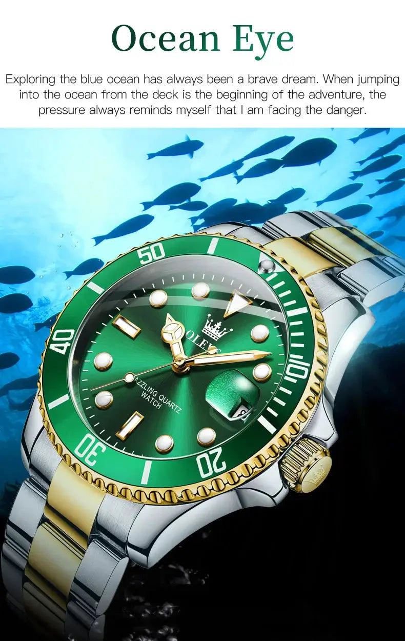 OLEVS 5885 men's watch with green dial and bezel, two-tone stainless steel strap, luminous markers, calendar