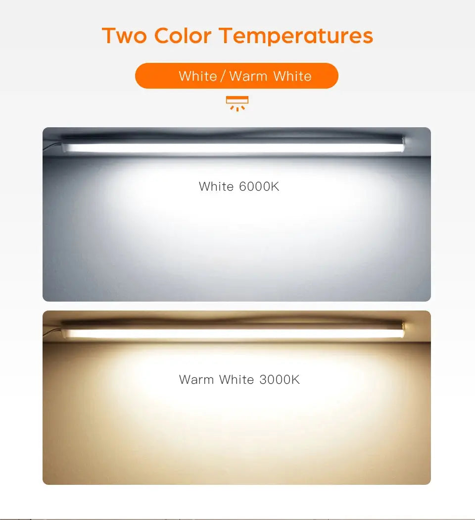 Two under-cabinet LED light bars, white 6000K and warm white 3000K, 2-pack