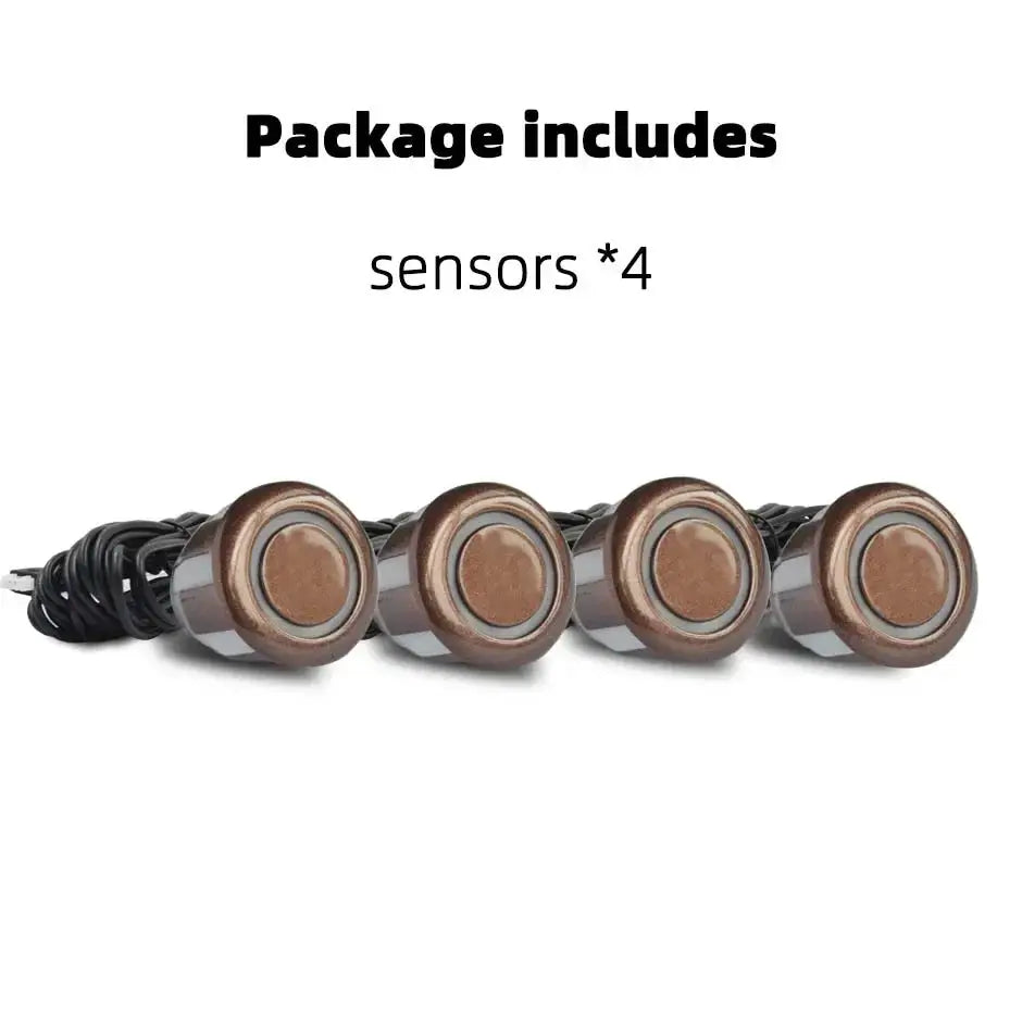 Four 22mm bronze ultrasonic parking sensors with attached wiring for reverse backup radar