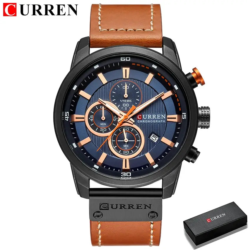 Curren 8291 men's quartz chronograph watch with blue dial, rose-gold-tone subdials, and brown leather strap.