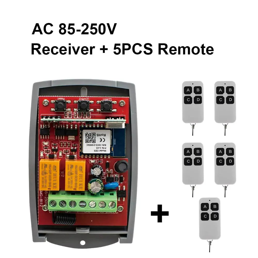 Smart wifi door/garage receiver 2-channel with 5 remotes, 433MHz, red PCB inside gray housing