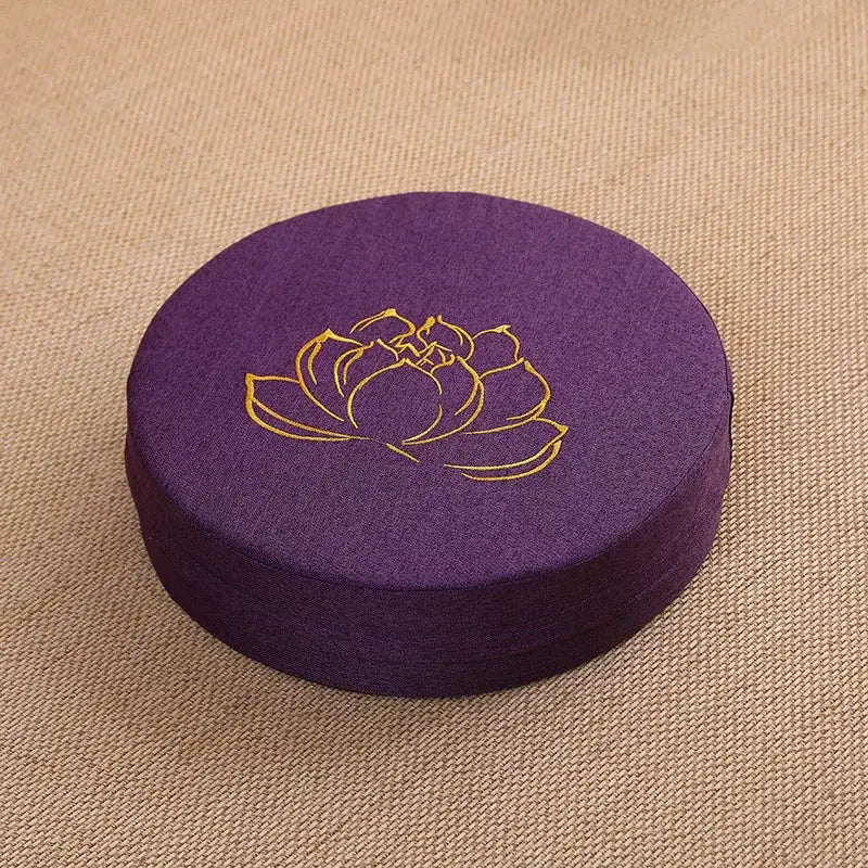 Purple linen meditation cushion with yellow lotus motif, 40x6 cm, round backrest pillow by Simples Market