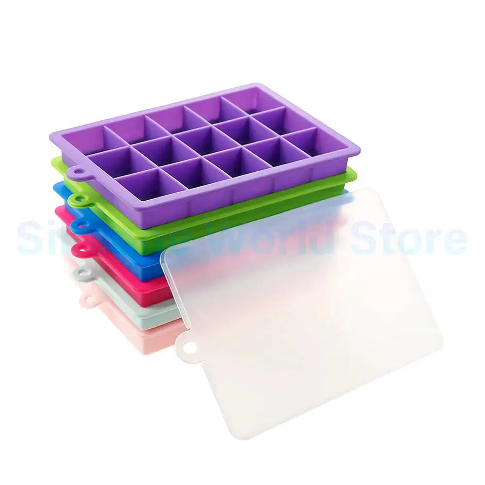 Simples Market silicone ice cube mold, 24-grid with lids, purple top with stacked colorful trays.