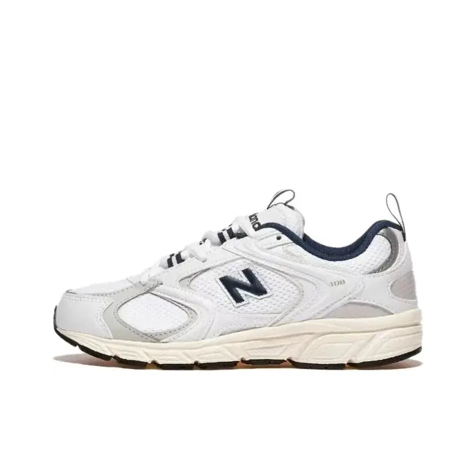 Unisex white low-top running shoes with navy trim, breathable mesh upper and cream sole