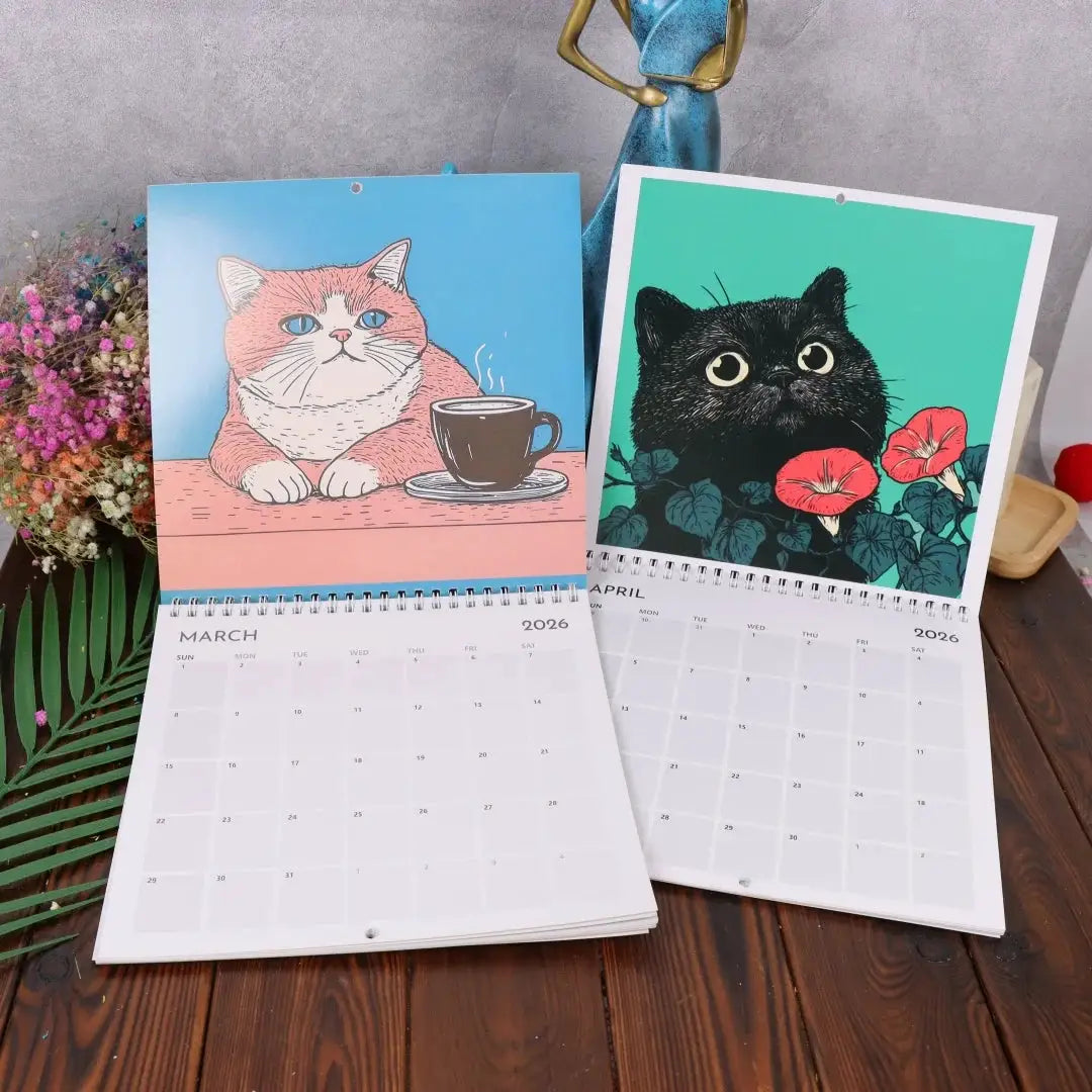 Cat art calendar set; two hanging 12-month wall calendars with colorful cat illustrations
