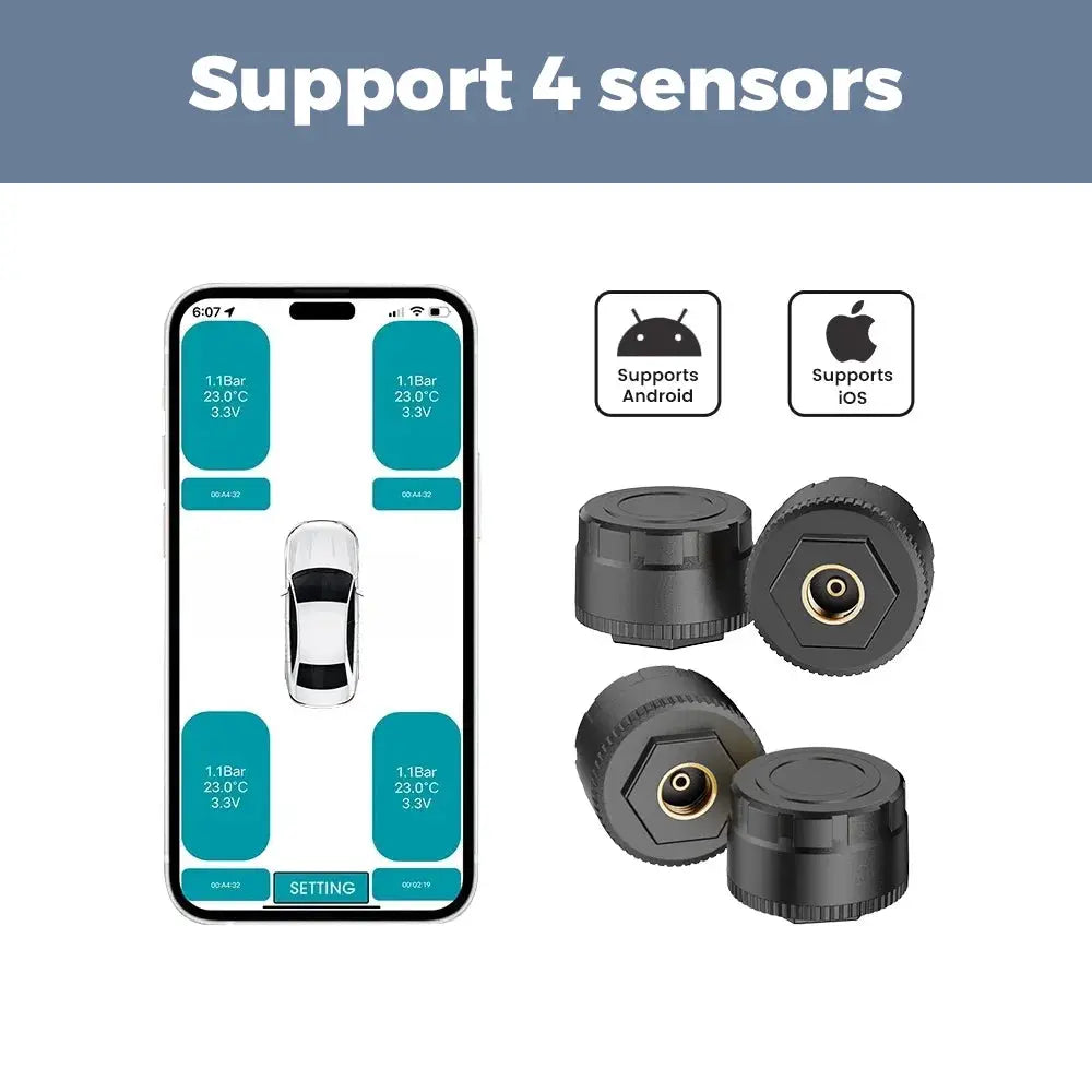 Navifly TPMS sensor kit for iOS/Android with four black valve caps and a phone app showing tire pressure