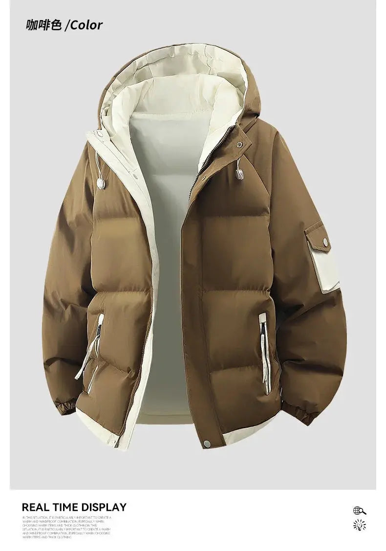 Men's brown hooded puffer jacket with white lining and zip pockets