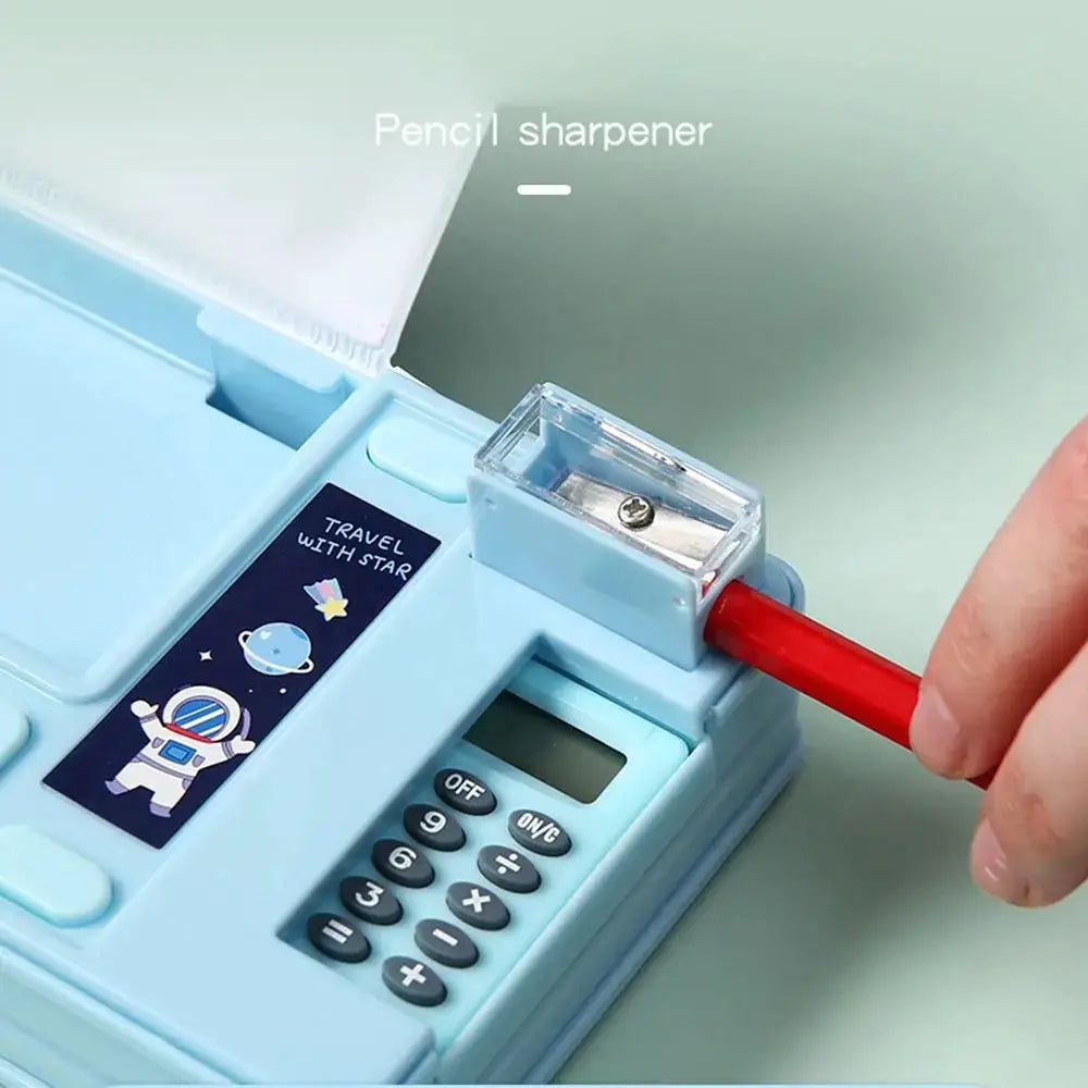 Pencil case in blue plastic, double-layer with built-in calculator and pencil sharpener, astronaut design