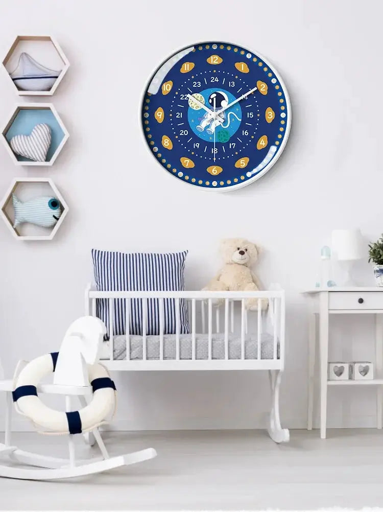 8-inch Silent Teaching Time Clock for Kids by Simples Market; blue wall clock, non-ticking analog design.