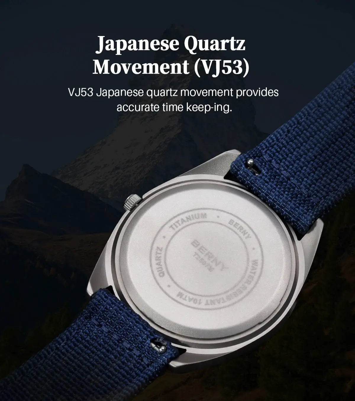 BERNY titanium men's quartz watch with blue fabric strap, 38mm case