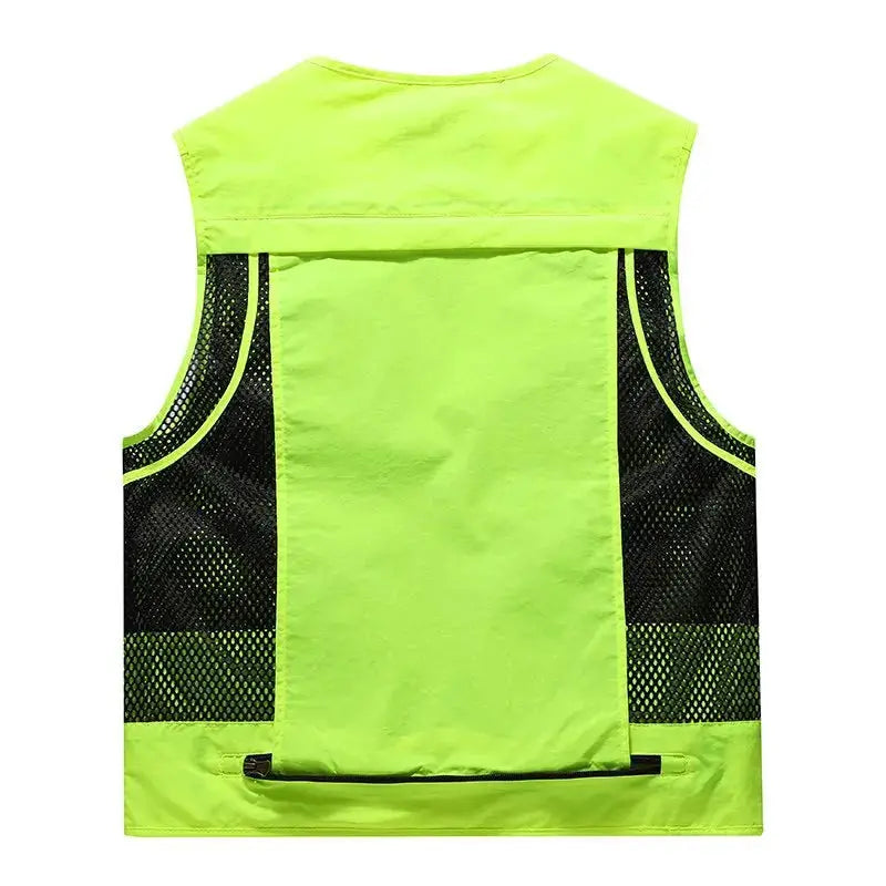 Men's neon green sleeveless vest with black mesh panels, breathable outdoor waistcoat with zip pocket