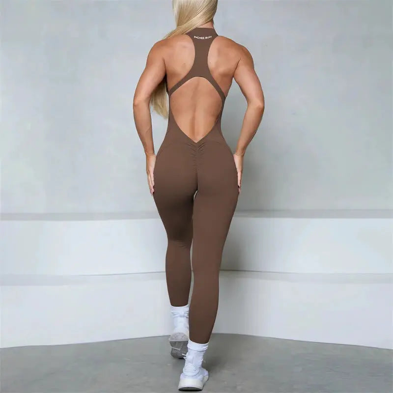Simples Market women's brown sleeveless jumpsuit with open-back design and scrunch butt detail, back view