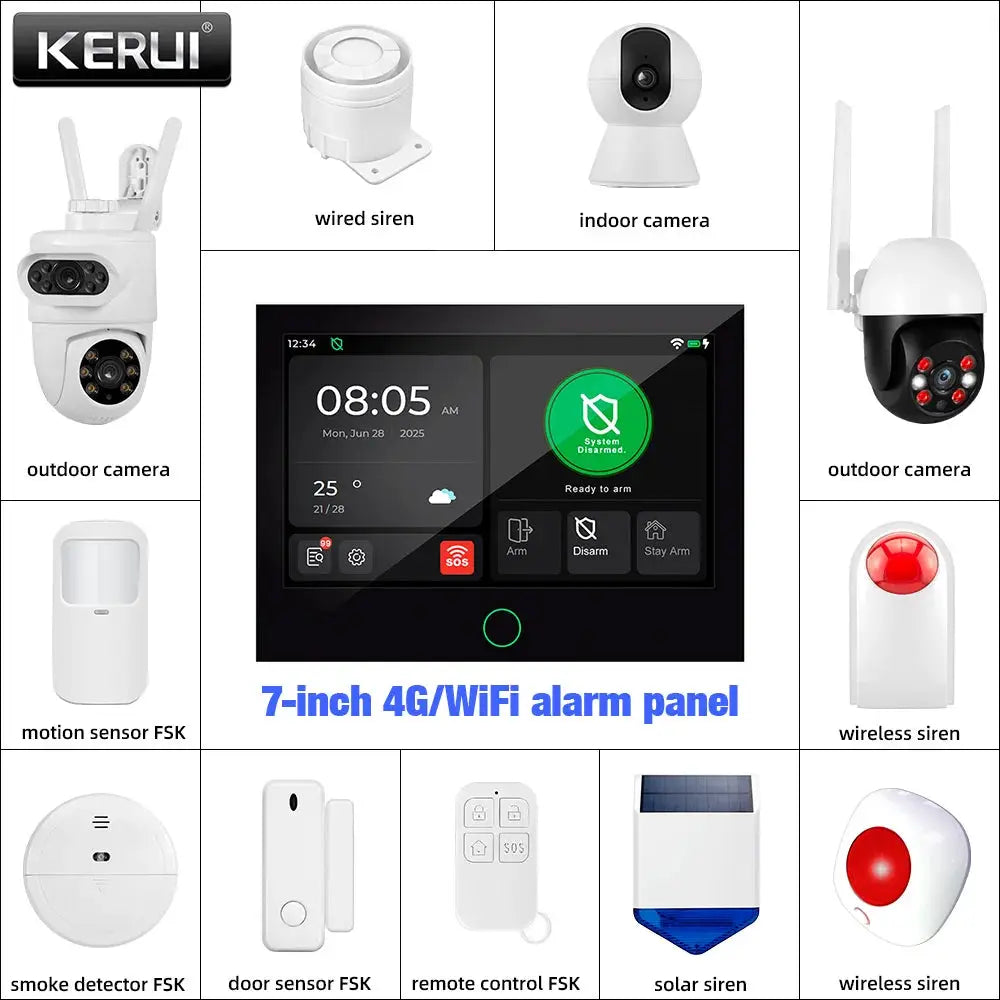 KERUI 7-inch 4G/WiFi home alarm panel kit with outdoor camera, indoor camera, and motion/door sensors