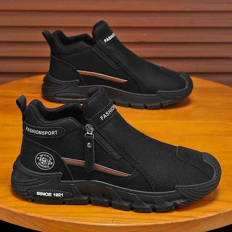 Men's black FashionSport hiking sneakers with side zipper and chunky sole, two pairs shown.