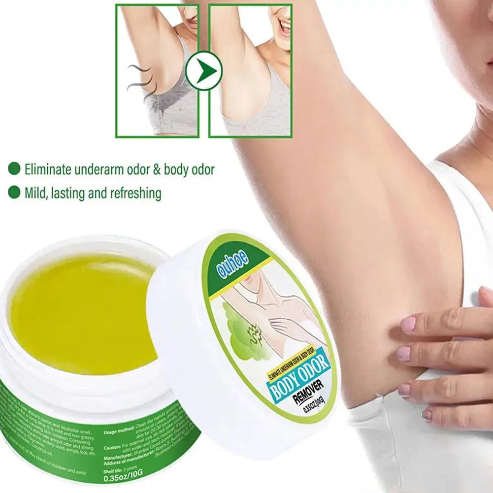 Underarm deodorant cream with natural plant extracts in white 10g tub with green label for sweat and odor removal