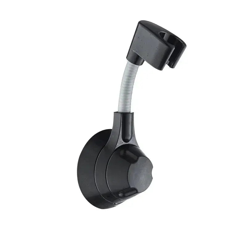 Suction cup shower head holder with adjustable gooseneck, black plastic wall-mount bracket