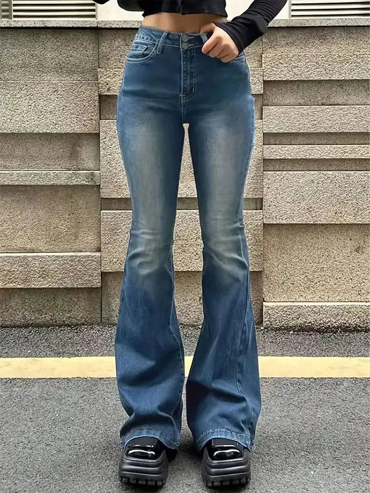 Women Flare Jeans High Waist Moustache Wash Denim Bell Bottom Y2K