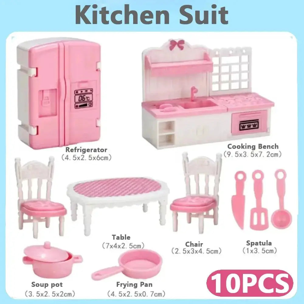 Kawaii Pink 10 Piece Miniature Dollhouse Furniture And Kitchen Accessories Set For Girls And Collectors
