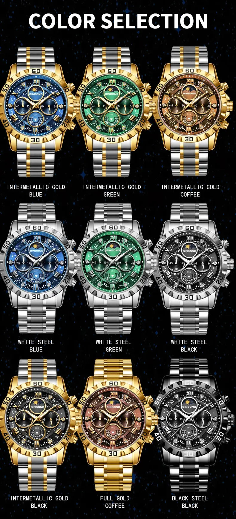 BINBOND men's luxury quartz chronograph watches in stainless steel by Simples Market; 12 color variants.
