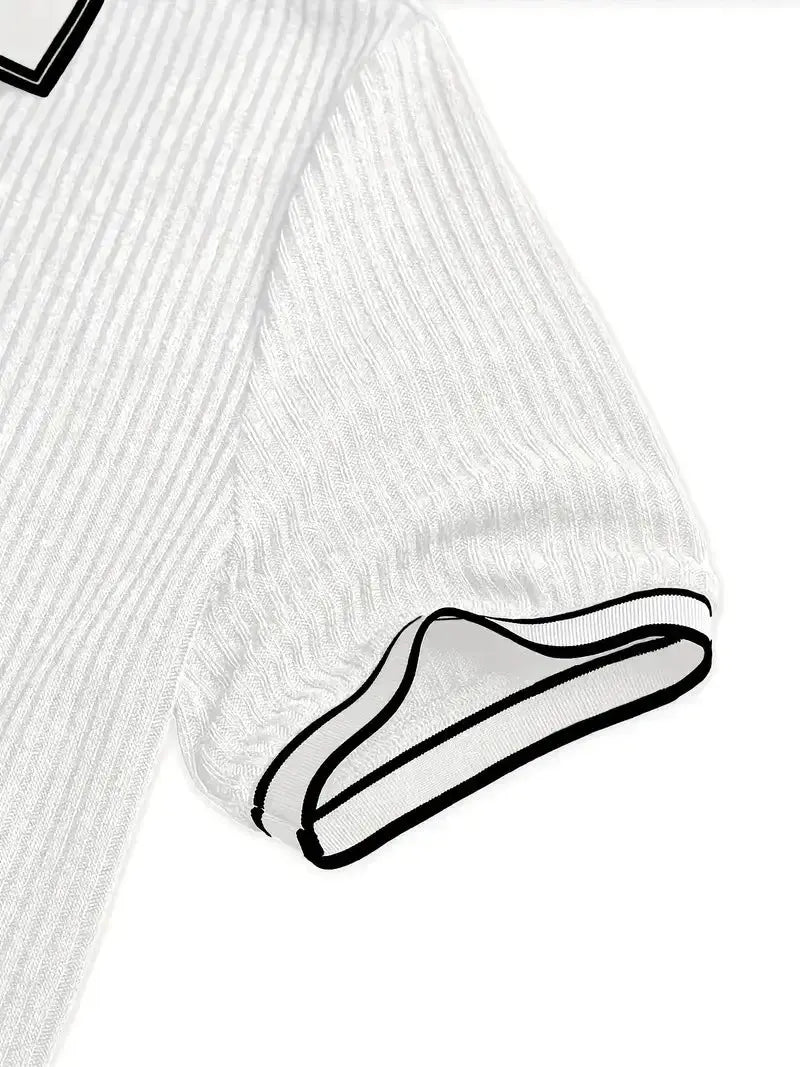 Men's white ribbed polo shirt with short sleeves and black cuff trim