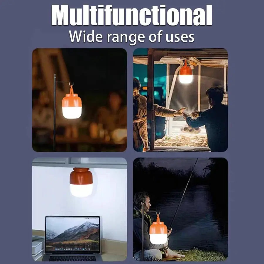 Simples Market 500W LED camping lantern, orange top with white glow, USB rechargeable portable light