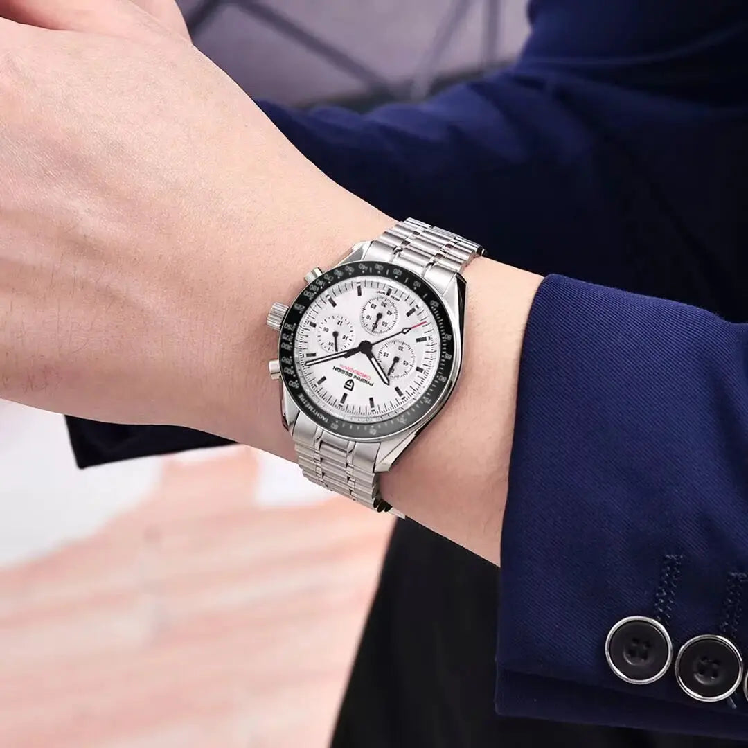 Pagani Design 1701 V5 men's stainless steel chronograph watch with white dial and black bezel