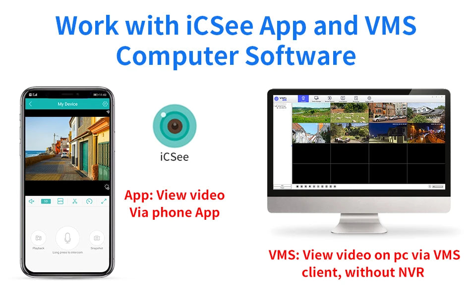 Hiseeu 4K 8MP dual-lens PTZ Wi-Fi IP camera with 8x zoom, shown with iCSee app on phone and VMS PC software