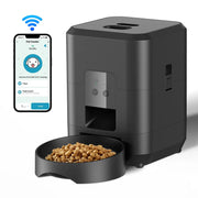 Simples Market smart pet feeder; black automatic cat/dog food dispenser with app control and dual bowls.