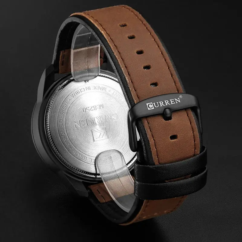 CURREN 8250 men's waterproof casual three-hand watch with brown leather strap and black buckle, rear view