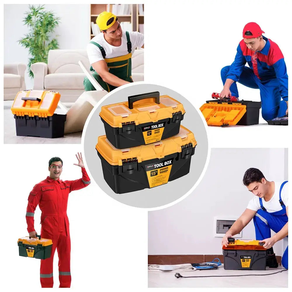 AIRAJ 12/15 inch tool box set, yellow lids with black plastic bodies, Simples Market