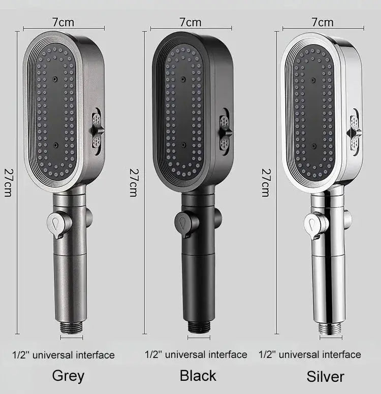 High pressure shower head with 3 spray modes and filter; three finishes: grey, black, silver