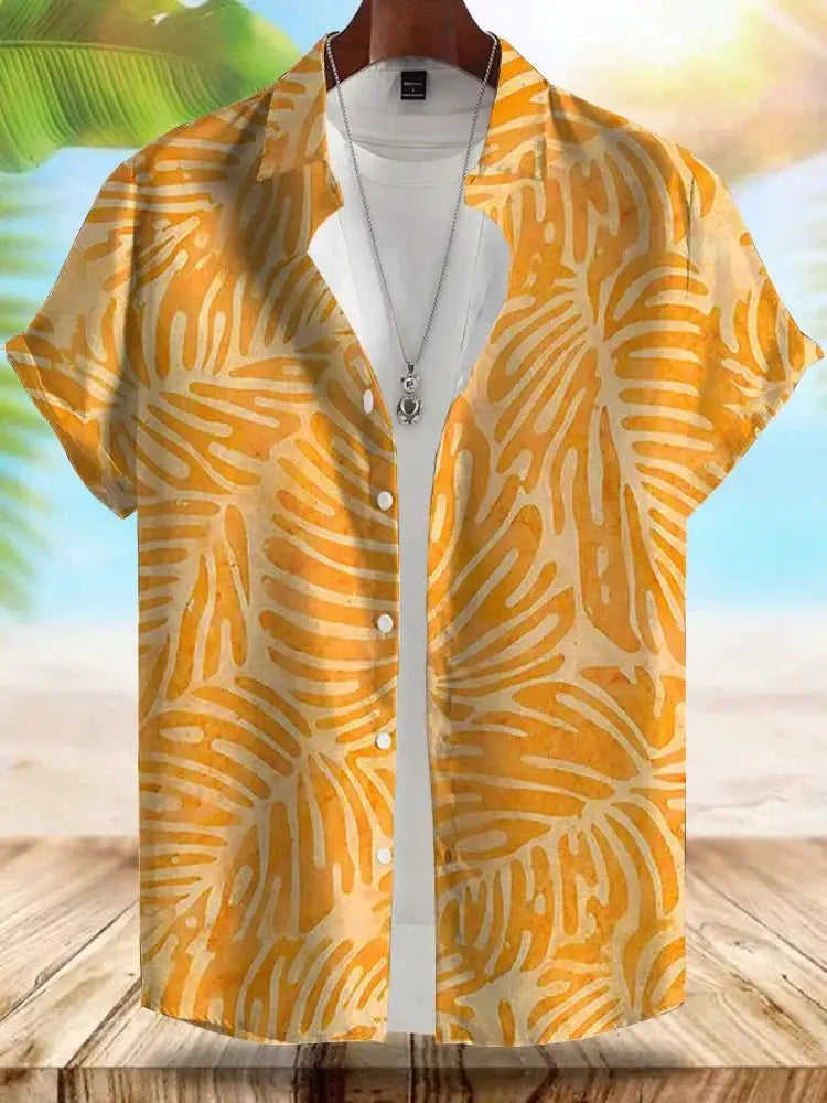 Seaside Hawaiian Style men's shirt by Simples Market, orange tropical print, short-sleeve display with white tee.