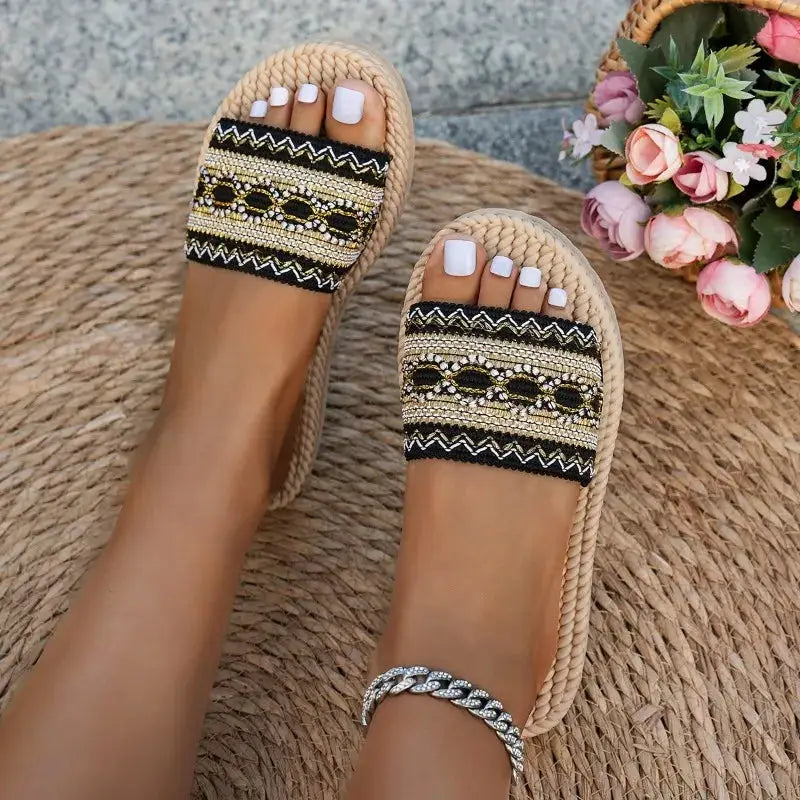 Women Outdoor Flat Sandals Bohemian Ethnic Tassel Beach Slides Platform Comfort Large Size