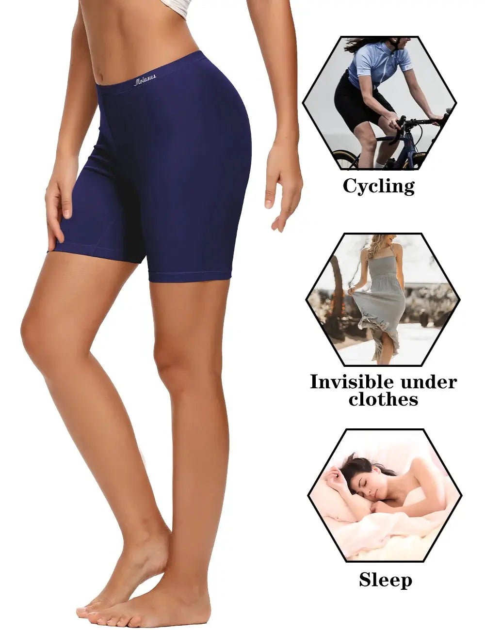 Molasus women's navy blue cotton biker shorts underwear, high-waisted anti-chafing undergarment by Simples Market