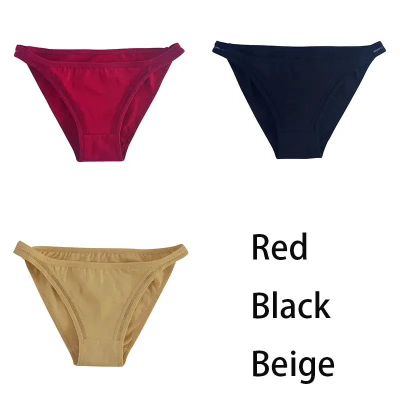 Women's cotton bikini briefs, 3-pack, in red, black, and beige.