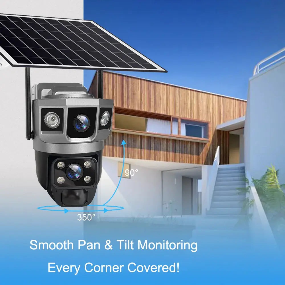 Simples Market V380 Pro 12MP solar WiFi IP camera with dual lenses for outdoor surveillance.