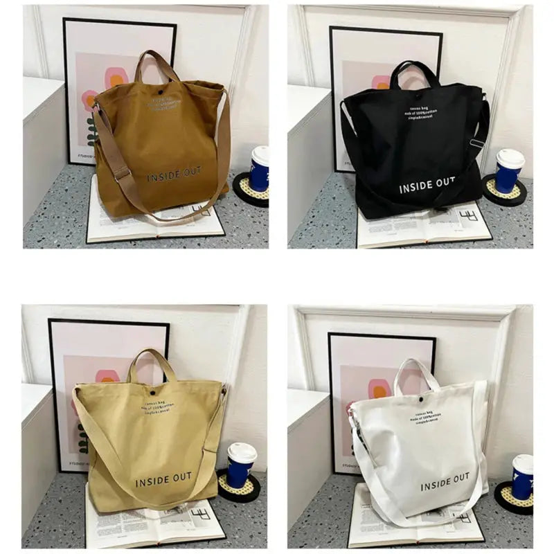 Four canvas crossbody bags in brown, black, tan, and white with INSIDE OUT print.