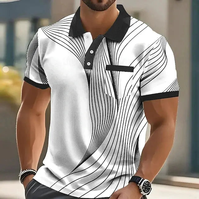 Men's polo shirt by Simples Market, white with black abstract stripe print, short sleeves, black collar.