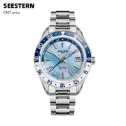 Seestern GMT men's stainless steel wristwatch with blue and white bezel, light blue dial and date window