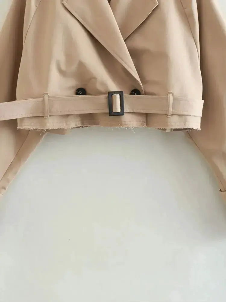Belted Cropped Trench Coat For Women Vintage Double Breasted Spring Jacket With Long Sleeves Timeless Style