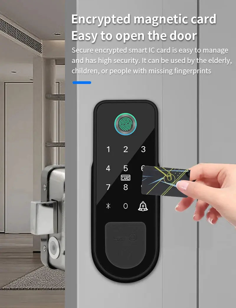 Smart door lock by Simples Market with fingerprint scanner, touchscreen keypad and RFID card reader
