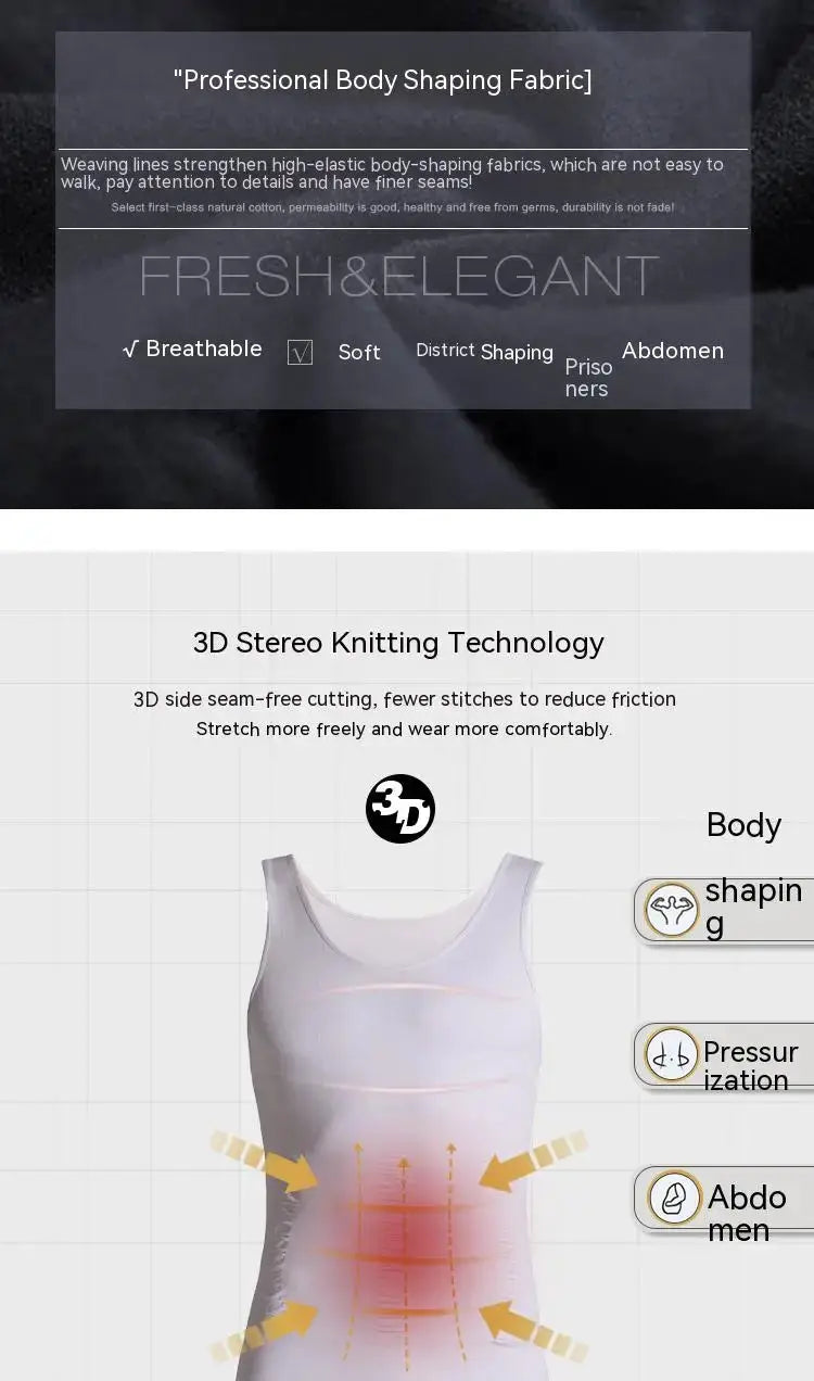 Simples Market men's compression body shaper tank top in white; slimming vest with 3D knitting technology