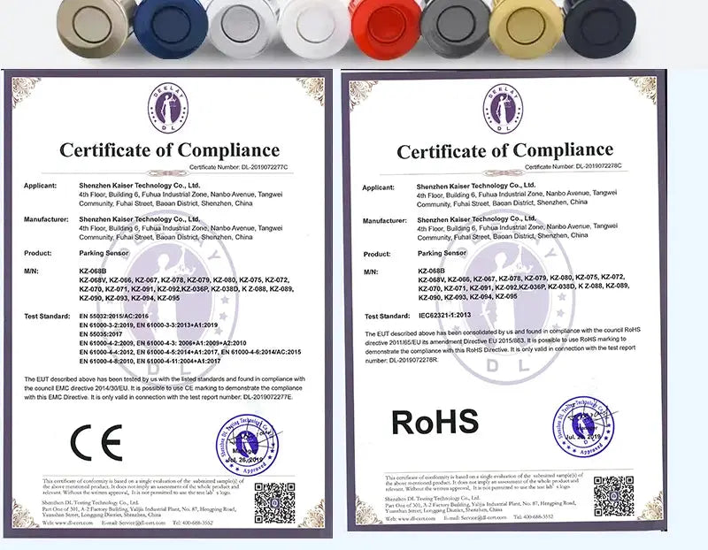 Simples Market FirstSafe car parking sensor kit with 4 sensors; CE and RoHS certificates shown beside colorful sensor caps