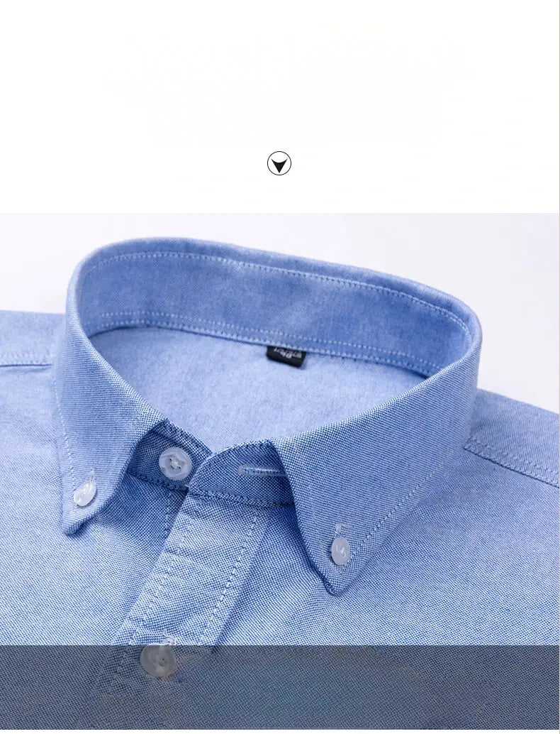 Blue men's Oxford shirt with button-down collar, long sleeves, 100% cotton.