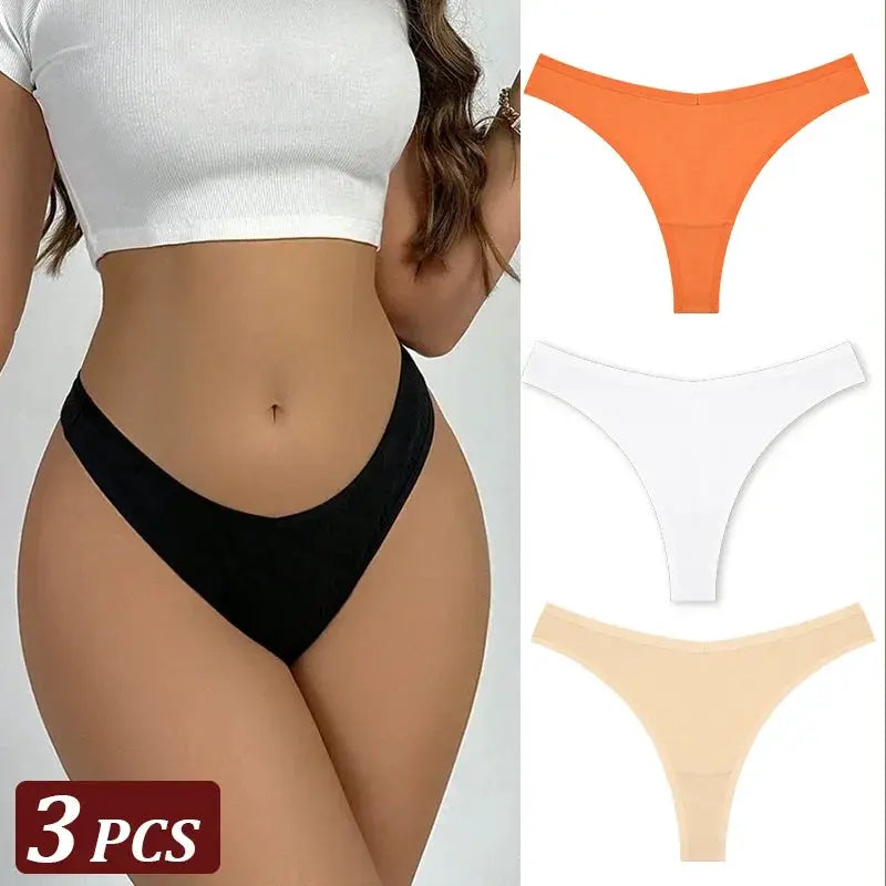 3Pcs seamless thong set by Simples Market; cotton, low-rise T-back; orange, white, beige; model wears black thong.