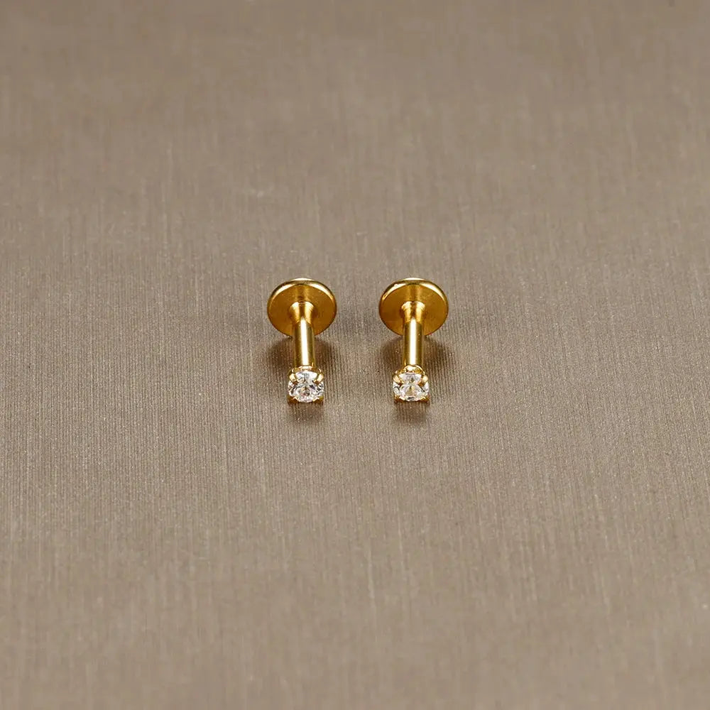 Labret stud earrings, 2pc gold-tone with clear CZ crystals — Simples Market