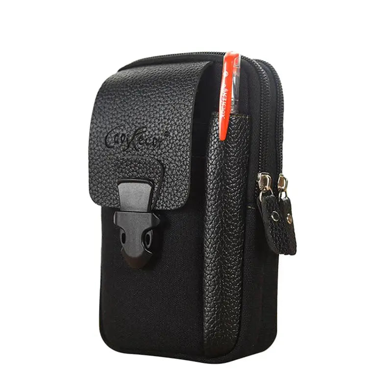 Casual Male black textured waist bag with front buckle and zip pockets