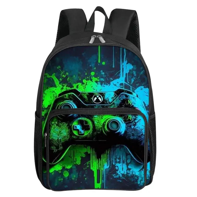 GamePad patterned square backpack with neon green and blue controller artwork, front pocket, kids school bag