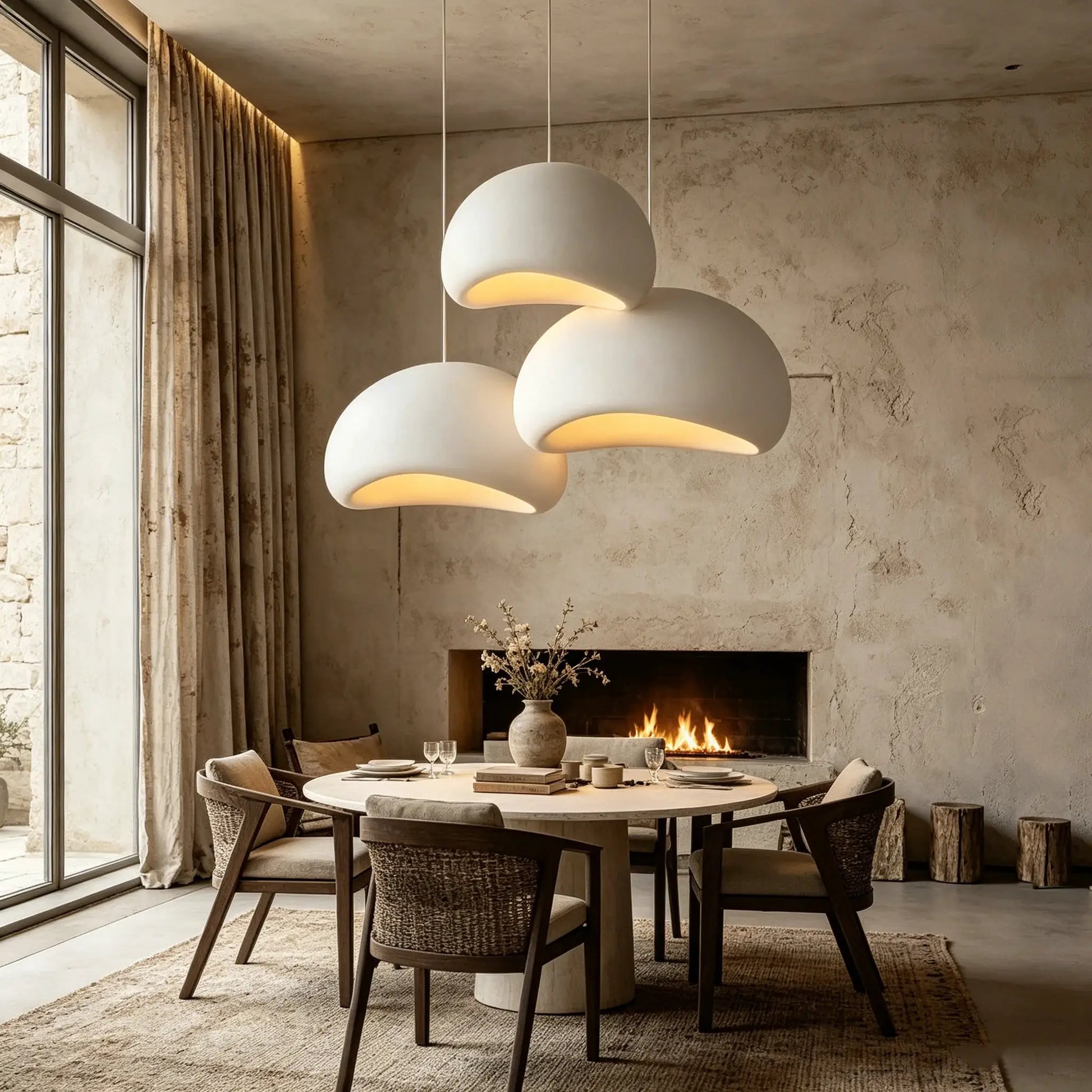 Nordic Wabi Sabi white spherical pendant lights by Simples Market, modern LED ceiling chandeliers above a dining table